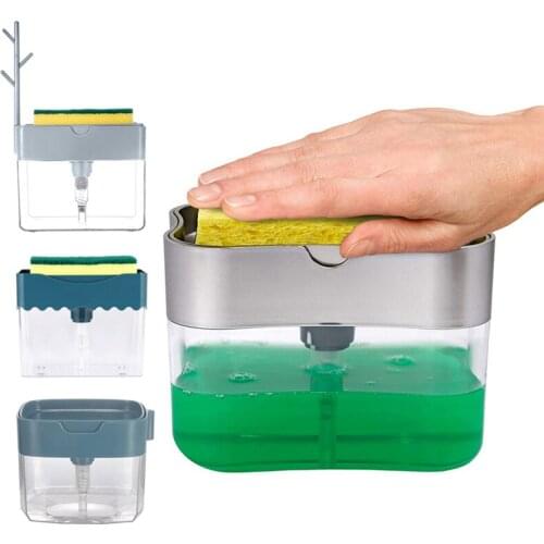 2 in 1 Manual Press Liquid Soap Dispenser With Washing Sponge Soap Dispenser Soap Pump Sponge Caddy New Creative Kitchen Tool