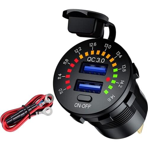 QC 3.0 Dual USB Charger ON/Off Switch Colorful Voltmeter Wire Fuse Waterproof 12V 36W for Car,Marine,Boat,RV,Truck,Golf Cart