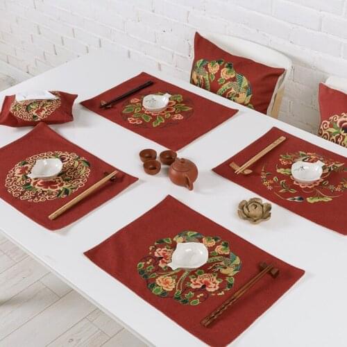 Table decor Chinese style Red bottom Festive Flowers Tea mats Western Placemat Coffee mats Double layer Thick Linen Tablecloth