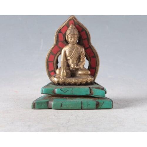 Exquisite Chinese Turquoise Handmade Tibetan Buddhism Ward Off Evil Spirits Good Luck Copper Buddha Statue