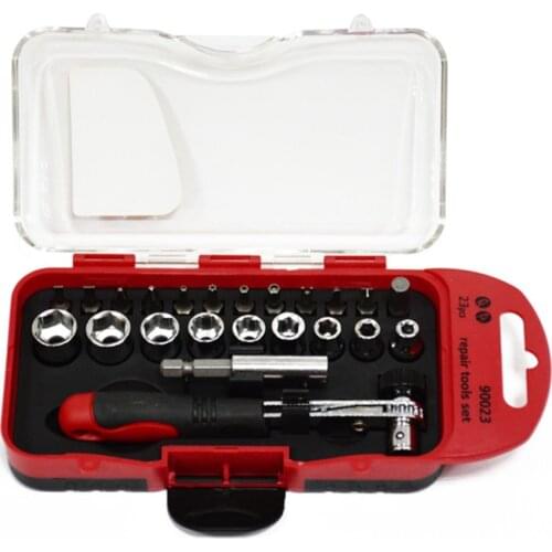 23PCS/ Set Home Car Repair Combination Tool Multi-function -Extension Bar, Ratchet Handle, 9x Socket, 12x Screwdriver Bits Kit