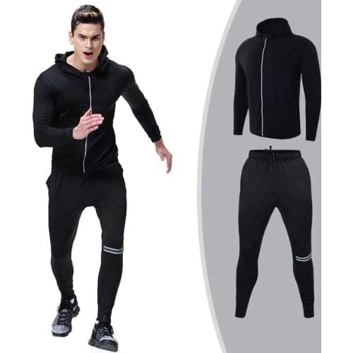 2 Pieces Men Workout Exercise Sporting Runs Gymming Fitness Sets Coat Sweatshirt Cap Hoodie Top + Sweatpants Clothing S103