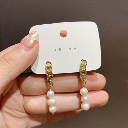 Korean Fashion Baroque Pearl Long Dangle Earrings for Women Brass Gold Color Chunky Link Chain Long Tassel Earrings Jewelry