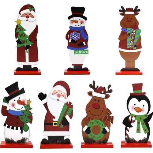 Cute Figure Wooden Doll Table Santa Claus Christmas Tree Snowman Elk Penguin Ornament for Children Bedroom Christmas Decor