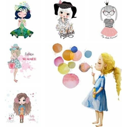 Cute Girls Thermal Stickers Beautiful Lady Heat vinyl Transfer For Clothing Iron On Transfers For Clothes Appliques Stickers