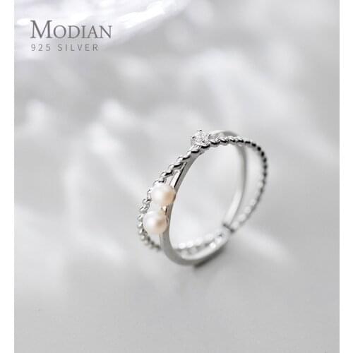 Modian Sparkling Zircon Elegant Pearl Geometric Double Circle Open Adjustable Sterling Silver 925 Ring for Women Fine Jewelry