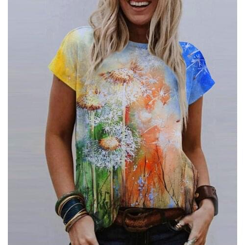Fashion Tee Shirt 2021 New Womens Summer Casual Vintage Plus Size Dandelion Flower Print Loose Colours O Neck Short Sleeve Tops