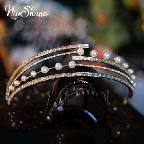 NiuShuya Fashion Gold Brides Tiara Headpieces Zircon Crystal Wedding Hair Crowm Pearl Princess Hair Accessories