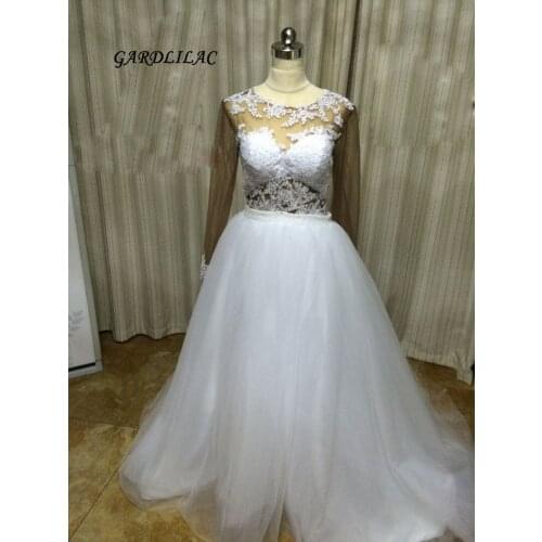 New Real Pictures White Plus Size Wedding Dresses 2019 Long Sleeve Detachable Two Pieces Lace Appliques Bridal Gown