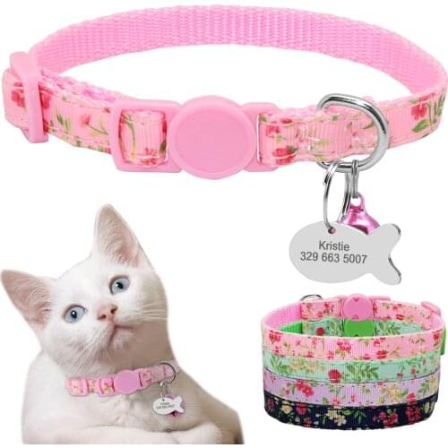 Personalized Pet Cat Collar With Bell Floral Custom Collars for Cats Kitten Puppy ID Name Tag Cats Collar Necklace for Small Pet