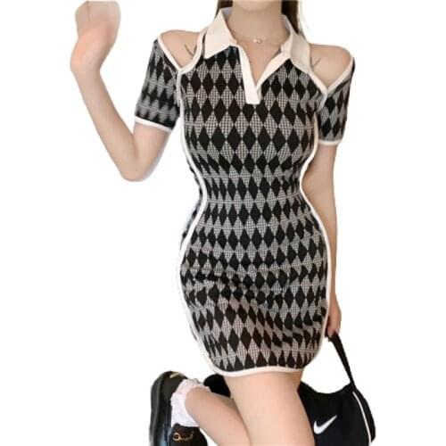PERHAPS U Knitted Black Lattice Spliced Short Sleeve Halter Neck-Mounted Pullover Bodycon Sheath Mini Short Dress Polo D3083