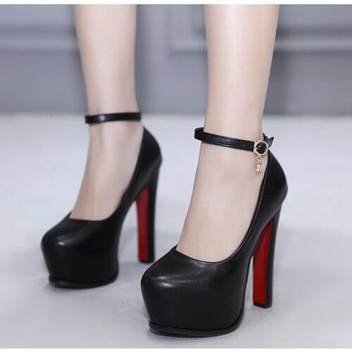 Sexy 14 cm Heel Women Black PU Leather Pumps Red Sole Platform Round Toe High Heeled Shoes OL Office Ladies Bridals Wedding Shoe