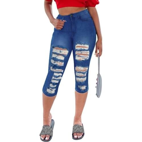 Sexy Summer Women Denim Skinny Ripped Shorts High Waist Hole Destroyed Stretch Bodycon Jeans Slim Shorts Knee Length Pants S-3XL