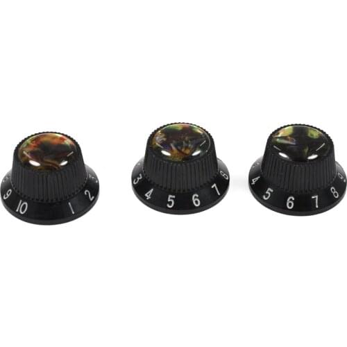 Musiclily Pro Plastic Inch Size Abalone Top Strat Knobs for USA Stratocaster ST Style Guitar, Black (Set of 3)