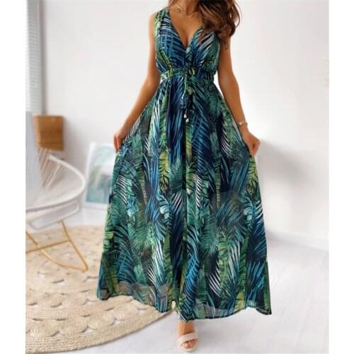 Wsevypo Summer Sleeveless Maxi Beach Dress Boho Vacation Leaves Flowers Printed Sundress Womens Deep V High Waist A-Line