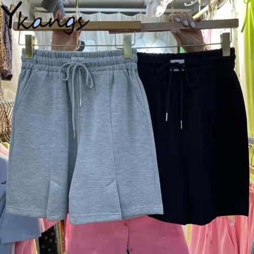 Split Fork Shorts Solid Black Wide Leg Baggy Shorts Women High Waist Drawstring Korean Harajuku Aesthetic Fashion Clothes Shorts