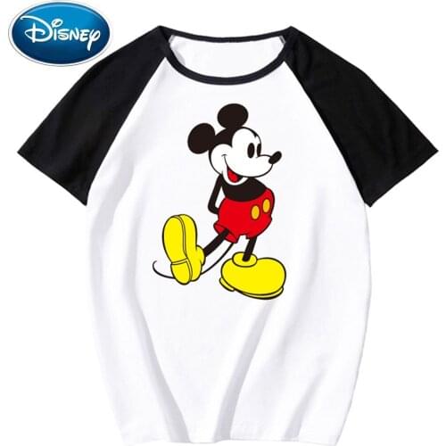 Disney Stylish Mickey Mouse Cartoon Print Contrast Color Unisex T-Shirt O-Neck Pullover Short Sleeve Tee Tops XS - 3XL 14 Colors