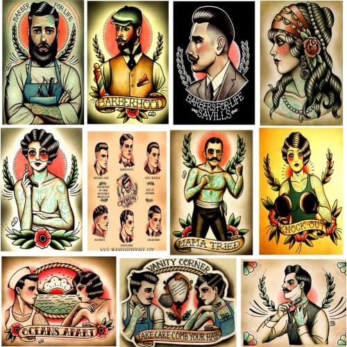 Tattoo\Boxing\Barber\Shaving Old School Class Posters Vintage Kraft Paper Stickers Inkjet Print Painting Barber Shop Decor DS4