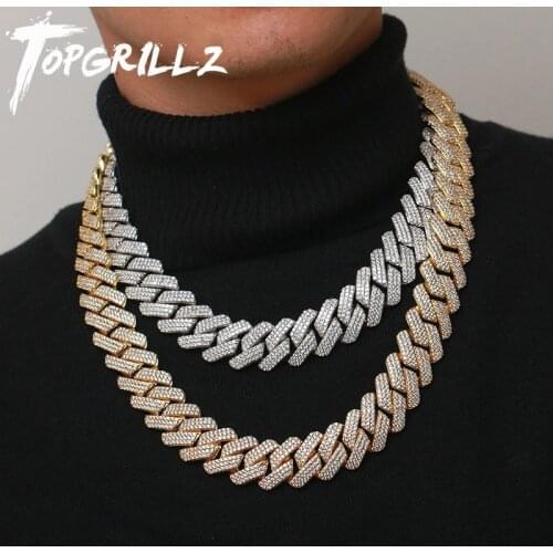 TOPGRILLZ 20 MM 3 Row Zirconia Prong Link Necklace in White Gold Iced Micro Pave CZ Cuban Chain Hip Hop Fashion Jewelry For Men