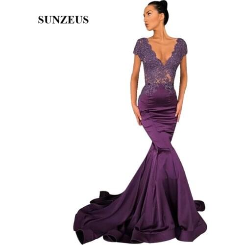 Grape Purple Evening Dresses V-neck Cap Sleeves Appliques Mermaid Formal Dress With Sequins Long Satin Party Gowns