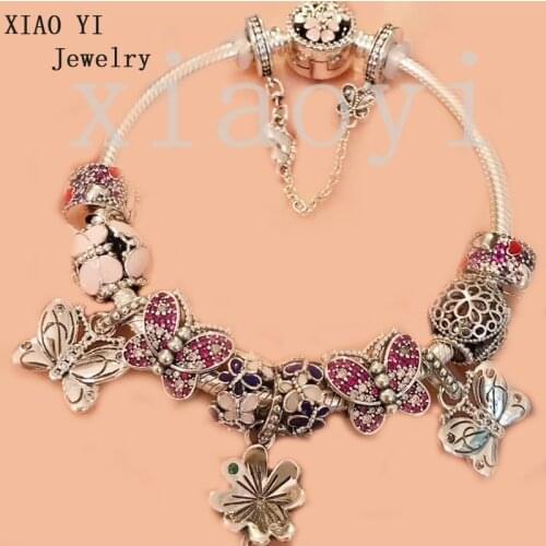 XIAOYI 2020 New 100% S925 Floral series butterfly hollow zircon bead safety chain fashion romantic bracelet fine jewelry female