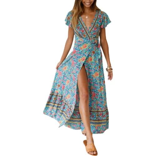 Aamikast Women Summer Bohemian Dresses Vintage Print Dresses Casual Short Sleeve Dress Belt