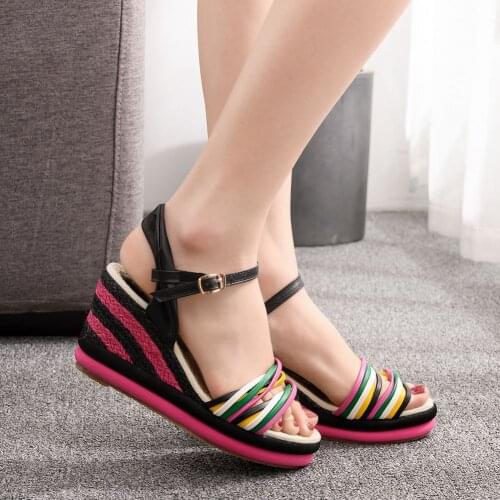 Fashion Summer Sexy High Heels Bohemia Rainbow Peep Toe Platform Sandals For Womens Ladies Wedges Sandal Shoes
