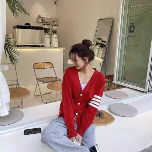 2021 Autumn Winter Sweater Wool Cardigan Women Slim Coat Jacket Striped Classic V-Neck Outerwear Pockets High Quality