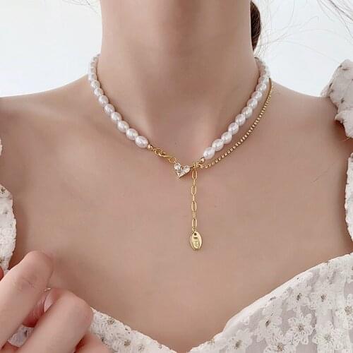 VSnow Korean CZ Zirconia Love Heart Pearl Pendant Necklace for Women Delicate Asymmetry Chain Necklace Jewelry Accessories