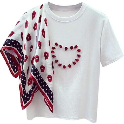 2020 Summer Girls T Shirts Ladies New Loose Wave Point Scarf Beaded Short Sleeve T-shirt for Students White Tees Tops Female