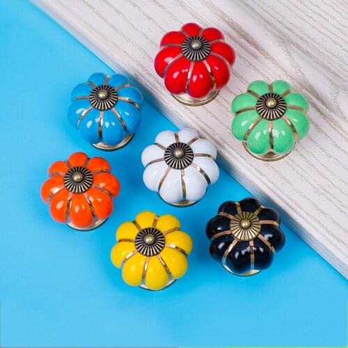 4pcs Colorful Pumpkin Knobs Ceramic Handles for Furniture Lovely Children Drawer Pulls Cartoon Kitchen Cabinet Drawer Knobs