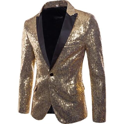 Gold Sequins Tuxedo Blazer Men Stage Disco Nightclub Mens Blazers Suit Jacket Slim Fit One Button Shiny Glitter Blazer Masculino