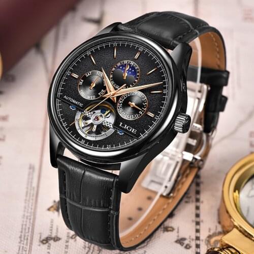 LIGE Automatic Mechanical Men Watches Top Brand Luxury Tourbillon Watch Man Waterproof date Leather Wristwatch Relogio Masculino