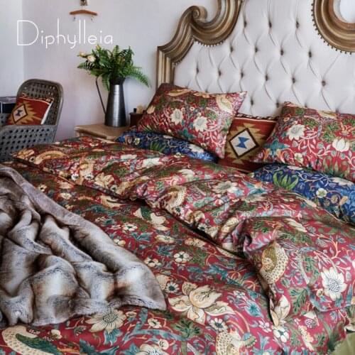 Diphylleia American Style Queen Sheets 4 Pcs Extra Long Staple Cotton Bedding Set Silky Bedding Set Retro Birds Floral Printed