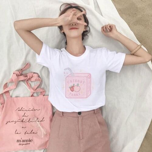 Peach Juice Japanses Aesthetic Harajuku T-shirt Girls 90s Kawaii Women White Tee Summer Casual Tumblr Vogue Mash Up Tshirt Tops