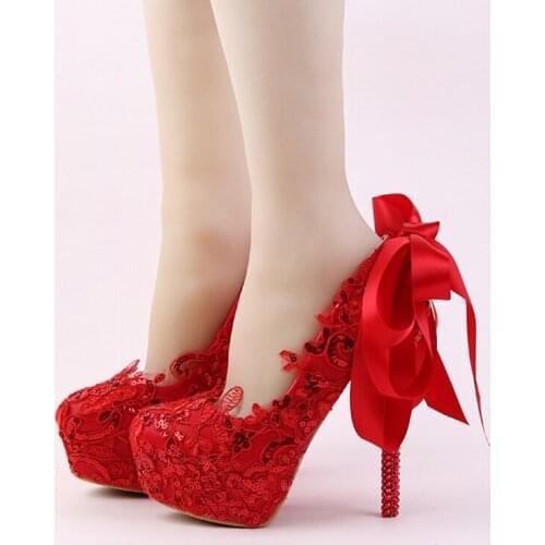 Handmade Red Lace Bride Shoes Fashion Glitter Stiletto Heel Wedding Dress Shoes with Ribbon Bow and Rhinestone Heel Women Pumps