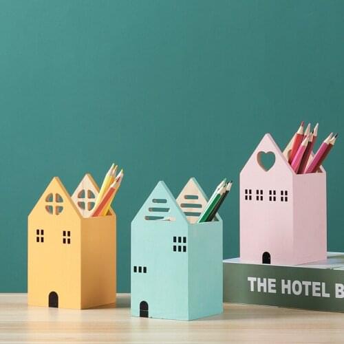 Creative House Shape Wooden Pencil Pen Holder Desktop Organizer Container Brush Pot Stationery School Office Supplies