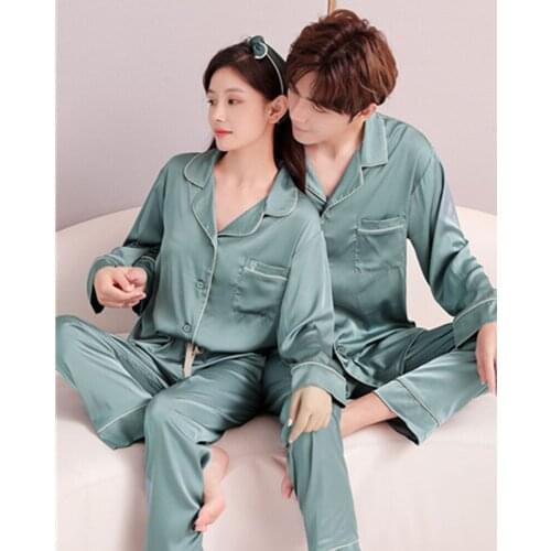 Fdfklak New Spring Summer Tops+Pants Silk Pajamas Sleepwear PJ Set Couple Pajamas Lounge Wear 2 Piece Pijama Pyjama Femme