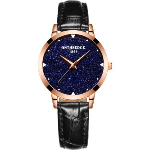 ONTHEEDGE Luxury Brand Women Clock Genuine Leather Strap Rose Gold Starry Sky Dial Quartz Wrist Watch Dropshipping Montre Femme