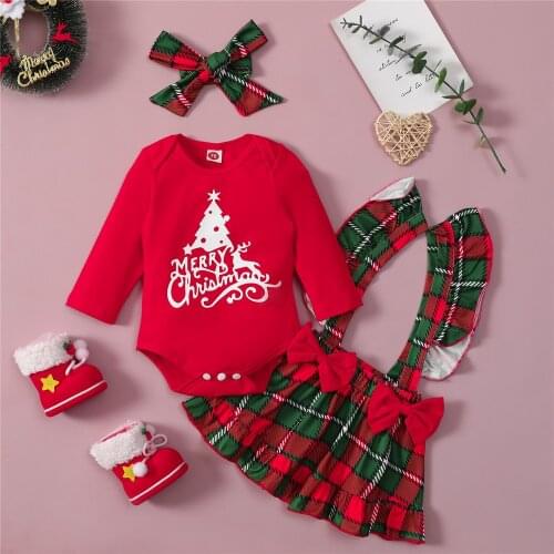 ZAFILLE Baby Girl Christmas Clothes Red Romper Bodysuit+Bow Plaid Skirts My First New Year Costume Baby Christmas Outfits