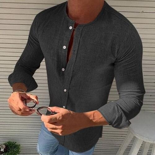 New Fashion Mens Long Sleeve Spring Summer Collarless Full Sleeves Solid Color Single Breasted Slim Fit Comfortable Work Shirts