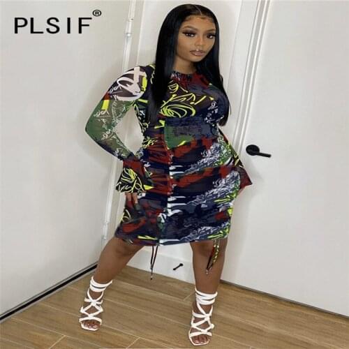 O Neck Long Sleeve Cool Print Sheath Dress High Street Chic Lady Fashion Women Midi Dress
