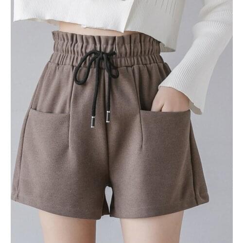 2020 Autumn Winter Solid Short Casual Thicken Warm Ladies Woolen Shorts Elastic High Waist Wide Leg Women Shorts NS4615