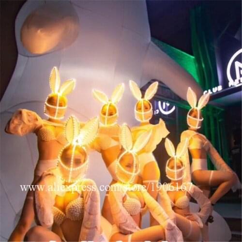 Nightclub Led Luminous Lace Pearl Party Evening Dress Stage Props Sexy Costume Dance Team Bikini Suit Led Lighting Rabbit Mask