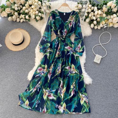 Womens Spring Summer Runway Fashion Long Sleeve Green Print Dress Female High Waist ChicTravel Party Dress TB1965