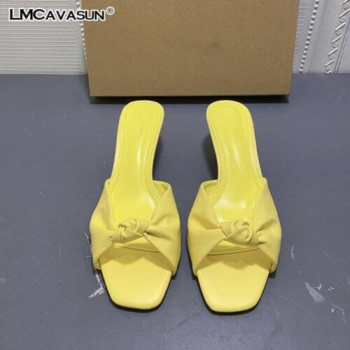 LMCAVASUN 2020 Summer New Womens Slipper Yellow Square Toe Knot Thin heel Slide Sandals Leather Sandals women Brand Shoes