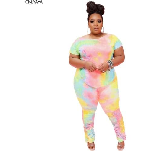 CM.YAYA Active Wear Plus Size XL-4XL Tie Dye Print Womens Set T-shirt Stacked Pants Suit Tracksuit Two Piece Set Fitness Outfit