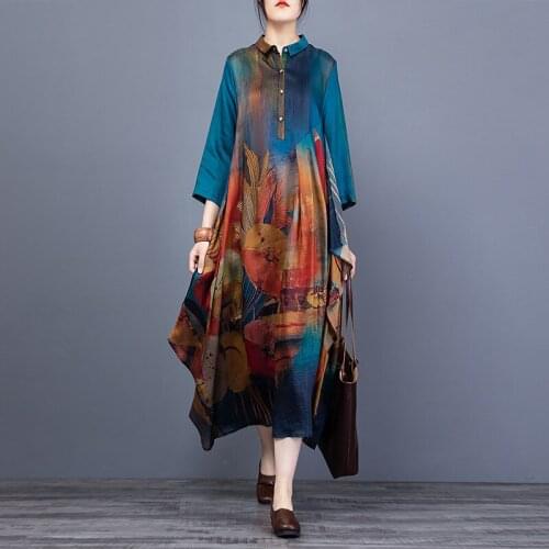 2021 spring and summer new literature and art print dress fashion irregular dress womens wear