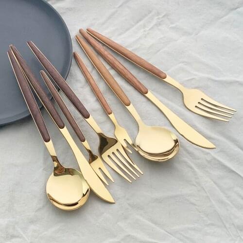 Gold Wooden Handle Cutlery Set Stainless Steel Dinnerware Tableware Glossy Knife Cake Fork Spoon Western Kitchen Silverware Set
