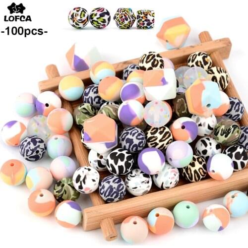 LOFCA 100pcs Tie dye leopard Terrazzo Dalmatian camo Silicone Loose Beads Silicone Teether BPA Food Grade Necklace Jewelry